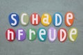 Schadenfreude, pleasure of failures others text composed with colored stone letters