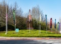 Schaerbeek, Brussels Capital Region, Belgium - Entrance park of the headquarters of the Flemish Broadcasting Company