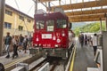 Schafberg railway station. Vintage cogwheel train in Salzburgerland. Austria