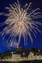 Schaffhausen, an old Swiss city with firework in a summer evening