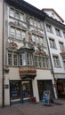 Schaffhausen, Switzerland - October 21, 2023: Beautiful facade of historic house at the old town of Swiss City of