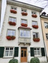 Schaffhausen, Switzerland - October 21, 2023: Beautiful facade of historic house at the old town of Swiss City of