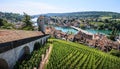 Schaffhausen, Switzerland. Panoramic view of the old town, Munot fortress overlooking Rhine River.