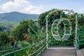 Schaukel mit farbenfrohen Blumengirlanden verziert in einer Kaffeeplantage im Hochland von Dalat, Vietnam