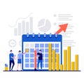 Schedule statistics concept with tiny character. A team of analysts plans a working week a month, analyzes sales flat vector