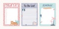 Schedule, to do and check list designs for cute childish planners and diaries. Kids notebook pages templates with
