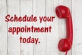 Schedule your appointment today text with retro red phone handset Royalty Free Stock Photo