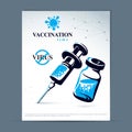 Scheduled vaccination theme presentation flyer. Vector graphic illustration of medical bottle .