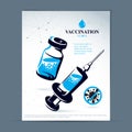 Scheduled vaccination theme presentation .Vector graphic illustration of medical bottle and syringe for injections
