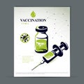 Scheduled vaccination theme presentation flyer. Vector graphic illustration of medical bottle .