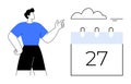 Man Pointing at Cloud and Calendar with Date 27 Scheduling and Cloud Planning Royalty Free Stock Photo