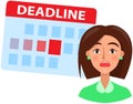 Scheduling time and timetable to deal with deadlines. Shocked face expression of scared lady
