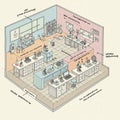 Schematic illustration of a laboratory interior with labeled sections such as \