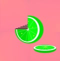Schematic representation of a green cut lime inside which is a chocolate cake and lime wedges on a pink background