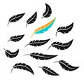Schematic simple icons feathers. Silhouettes and stencils