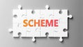 Scheme complex like a puzzle - pictured as word Scheme on a puzzle pieces to show that Scheme can be difficult and needs