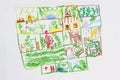 Scheme of the house, a lot of plants. Real drawing of a small child. Drawing by pencil. Royalty Free Stock Photo