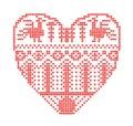 Scheme for knitting, geometric template with stylized heart in rural style. Vector cartoon for embroidery, knitting
