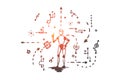 Scheme, machine, robot, technology, android concept. Hand drawn isolated vector.