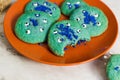 SCHENECTADY, UNITED STATES - Oct 11, 2020: Angry scary blue monster sugar cook Royalty Free Stock Photo