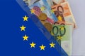 Schengen bandera flag of Europe, Europe flag and paper money Royalty Free Stock Photo