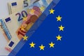 Schengen bandera flag of Europe, Europe flag and paper money Royalty Free Stock Photo