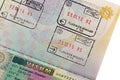 Schengen visa with arrival and departure entry stamp on Thai pas