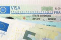 Schengen visa in the passport. Issued by the French Embassy. Royalty Free Stock Photo