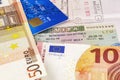 Schengen visa in your passport, bank card and money banknotes Royalty Free Stock Photo