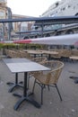 Scheveningen, The Netherlands - May 14 2020: Empty restaurant outdoor terrace tables waiting for new customers after