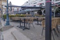 Scheveningen, The Netherlands - May 14 2020: Empty restaurant outdoor terrace tables waiting for new customers after