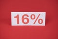 Schild mit 16 % Aufdruck in rot, auf rotem Hintergrund, Umsatzsteuersenkung als Konjunkurpaket in Deutschland
