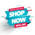 Vector Illustration Shop Now Label. Modern Offer Banner With Glitch Effect Royalty Free Stock Photo