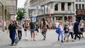 Schildergasse Shopping District filled with people in summer in Cologne, Germany.