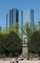 Schiller monument frankfurt in front of the towers of the deutsche bank