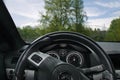 Schirnding, Germany - May 11, 2019: cocpit of Opel Astra in centre of rainy city