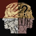 Schizophrenia, Depression, male head silhouettes.
