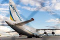 Schkeuditz, Germany - 29th May, 2022 - Many big An-124-100 ukrainian Ruslan cargo jets parked on Leipzig Halle airport Royalty Free Stock Photo