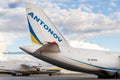 Schkeuditz, Germany - 29th May, 2022 - Many big An-124-100 ukrainian Ruslan cargo jets parked on Leipzig Halle airport Royalty Free Stock Photo
