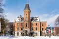 Schladming Town Hall in winter, snow covered park, in the centre of the city. Schladming is popular ski resort in Austria Royalty Free Stock Photo