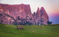 Schlern mountain with alpine hut, Seiser Alm, South Tyrol, Italy