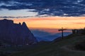 Schlern Sciliar ridge with Santner & Euringer tower peaks on Seiser Alm