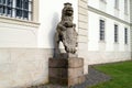 Schloss Fasanerie, sculpture of crowned lion holding cartouche with coat of arms, Eichenzell, Germany Royalty Free Stock Photo