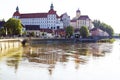 Schloss Neuburg with reflection in Danube river. Royalty Free Stock Photo