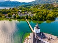 Schloss Ort or Schloss Orth is an Austrian castle situated in the Traunsee lake, in Gmunden. Aerial drone view Royalty Free Stock Photo