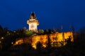 The Schlossberg or Castle Hill with the tower Uhrturm at night, Graz, Austria Royalty Free Stock Photo