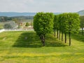 SCHLOSSHOF, AUSTRIA - 04/17/2018: Trees in the garden of Schlosshof Castle