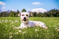 Schnauzer dog looking straight ahead lying on the grass with flowers Royalty Free Stock Photo