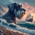 A schnauzer dog by the sea, with a pirate ship nearby, stones, seashore, big waves, painting art, sky, clouds Royalty Free Stock Photo