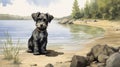 Schnauzer Puppy At Beach: Nostalgic Children\'s Book Illustration